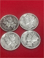 4 Mercury dimes 1943, 44, 41S, 42D
