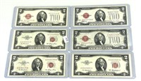 6 Red Seal $2 Bills ($12 Face Value).