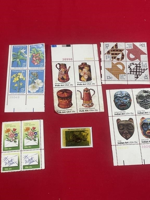 Unpostage stamps - folk art, flowers, Indian art,