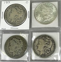 Four 1901-O Morgan Dollars (90% Silver).