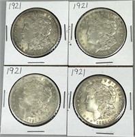 Four 1921 Morgan Dollars (90% Silver).