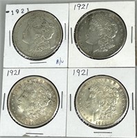 Four 1921 Morgan Dollars (90% Silver).