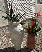 2 Pottery Planters w Faux Cacti & Flowers