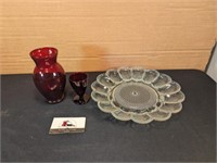 Ruby flash vase and sherry, serving platter