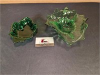 Footed green glass dish and emeral maple leaf