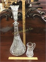 VERY LARGE CRYSTAL DECANTER W/ STOPPER + PITCHER