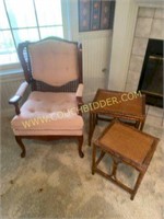 Two Bamboo Style Side Table & Upholstered Chair
