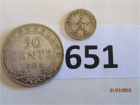 Coins- Newfoundland 5c - 1912 & 50c  -1904