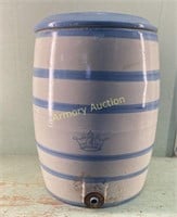 LARGE POTTERY CROCK WHITE WITH LID BLUE BANDS