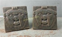 1909-17 FULPER AZTEC FACE GREEN FLAMBE BOOKENDS