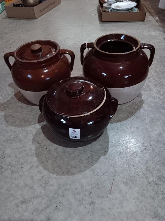 3 pottery bean pots