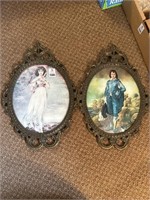 Italy Oval Convex Glass Pictures w/ Brass Frames