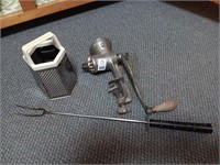 Early meat grinder, slaw cutter, & fork