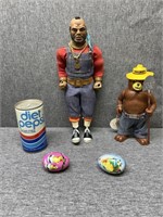 Mr. T and Smokey, bear doll, two metal chick