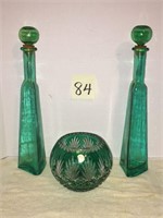 Green Lead Crystal Bowl with Bottles