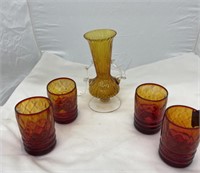 5 pc, 4-Carnival Glass Tumblers, Amber Glass Vase