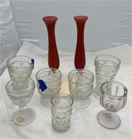 9 pc, 2 cranberry vases, 7 glasses