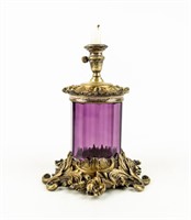 Brass Purple Glass Candlestick & Matchstick Holder