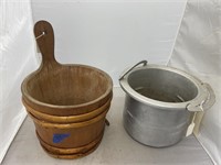 2 pc, Metal Pot, Wooden Bucket Planter w/damage