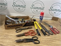 Flat of tools tin snips, bolt cutters and more