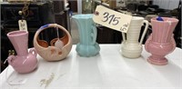 5 pc, 2 pink vases, Shawnee Ribbed Vase, Green Vas