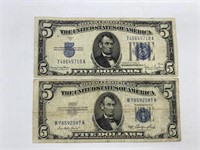 2-Silver Certificates $5 Bills 1934D & 1953