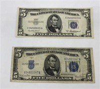 2-Silver Certificates $5 Bills 1953 & 1934D
