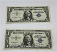 2-Silver Cert $1 Bills Consecutive Ser # 1957