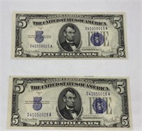 2-Silver Certificates $5 Bills 1934