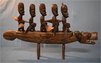 Carved Wooden Boat w/ Men & Rows