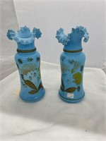 2 pc, 2 Bristol Glass Vases with Ruffled Tops
