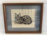 CROSS STITCH ART CAT WITH BLUE BOW FRAMED 15 x