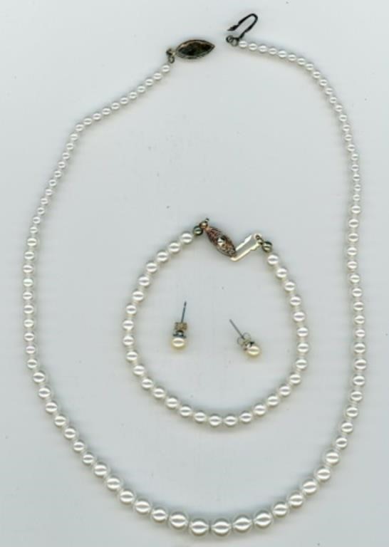 Faux Pearl Necklace Earrings & Bracelet 7”-16”