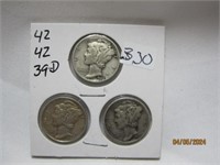 Mercury Dimes Set of 3 42,42,39-D