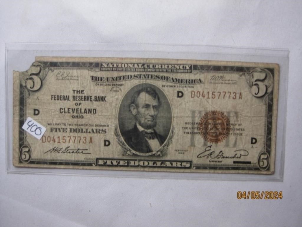 $5 Bill 1929 Cleveland Ohio Federal Reserve Note