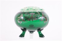 Emerald Green Silver Overlay Floral Frog Dish