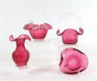 Cranberry Glass Vases, Bowl & Baskets