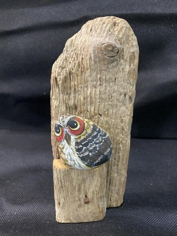 VTG Owl Painted Rock on Wood Folk Art