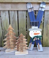 Wood Christmas Tree Floor Decor & Snowman Skis