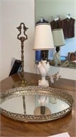 Vintage brass vanity tray, small urn desk lamp,