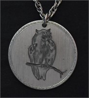 Vintage Etched Owl Pewter Medallion Necklace