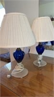 Vintage Cobalt blue glass lamp pair with frosted