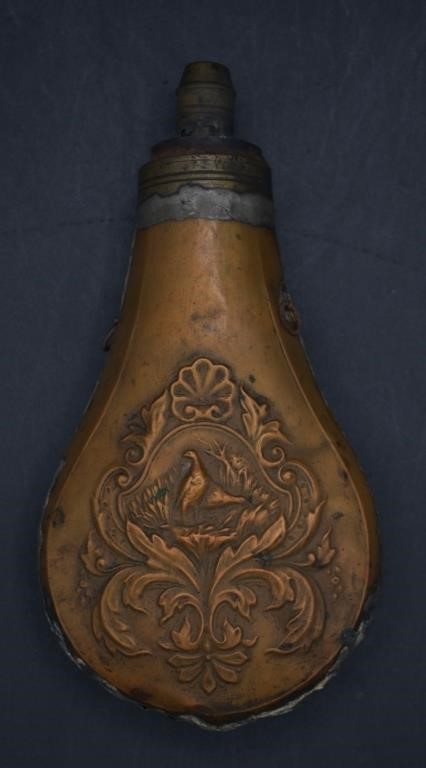 Civil War Era Embossed Copper Powder Flask