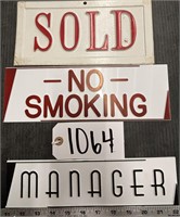 Sold, No Smoking and Manager Plastic Signs