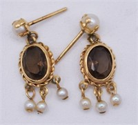 14k Gold Smoky Topaz & Seed Pearl Earrings