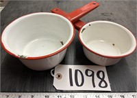 2 Red & White Enamelware Pots