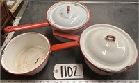 3 Red & White Enamelware Pots with 2 Lids
