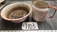 Red & White Enamelware 9" Bowl and Tea Pot