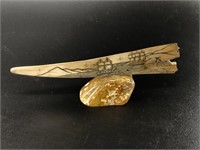 Homer Cole scrimshawed fossilized ivory tusk, set