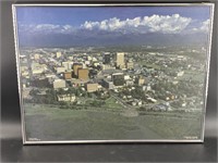 Arial photo of downtown Anchorage 1986, framed, fr